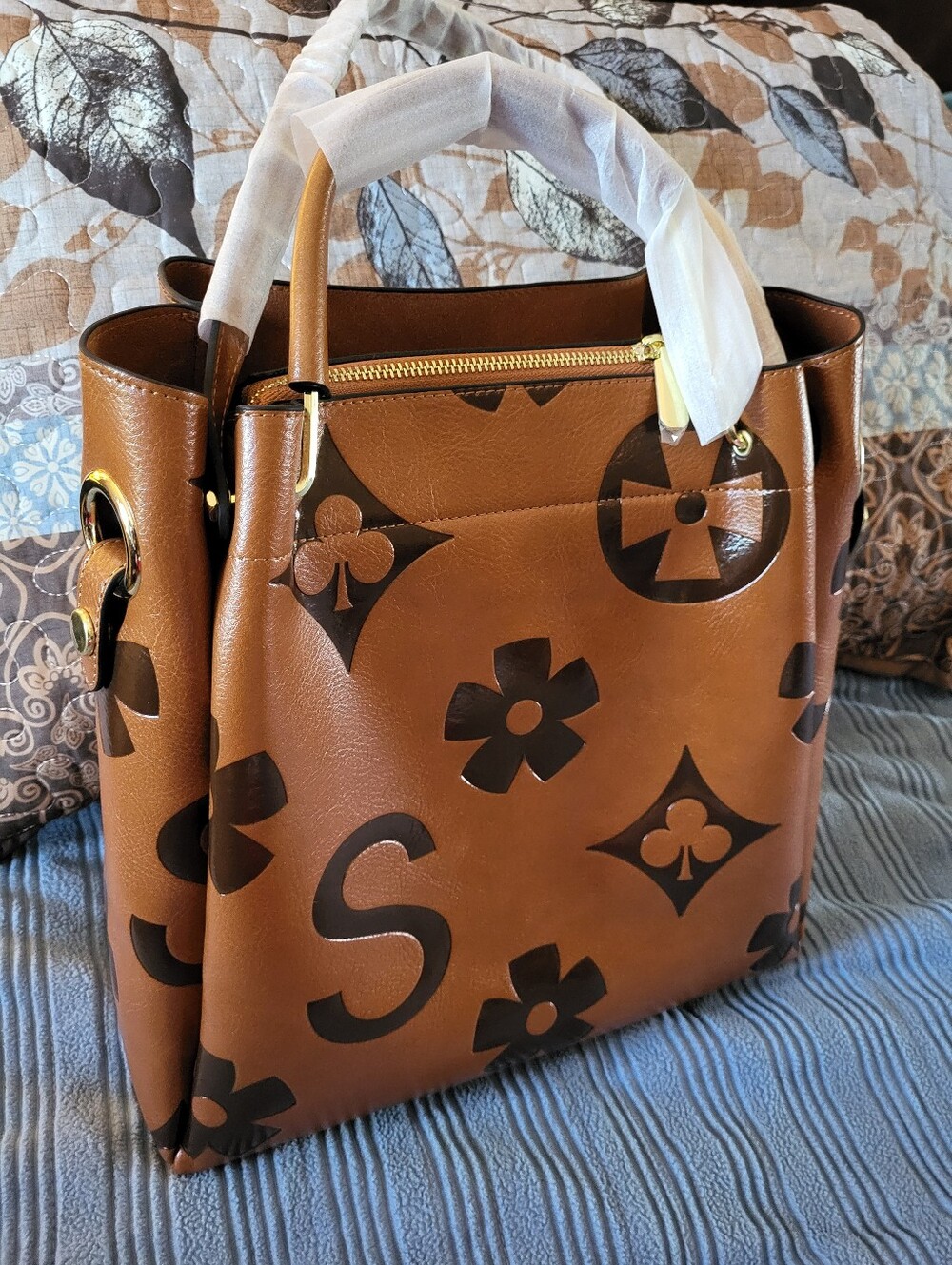 Flux Leather Floral Handbag-Embossed Top Handle Set Large Shoulder Bag